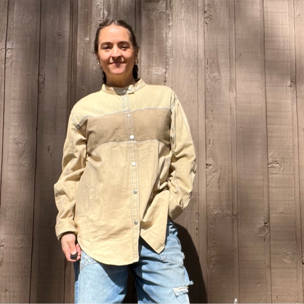 Free People Mandarin Collar Snap Button Utility Shirt beige two-tone Tan Medium